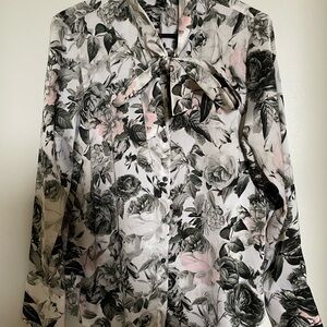 Banana Republic Dillon Floral Tie-Neck Blouse in White, Black & Pale Pink